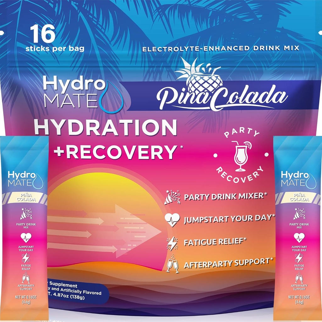 HydroMATE Electrolytes Powder Packets Ananas Hydration Accelerator Low Sugar Party Favors for Recovery Tropical Piña Colada 16 Sticks