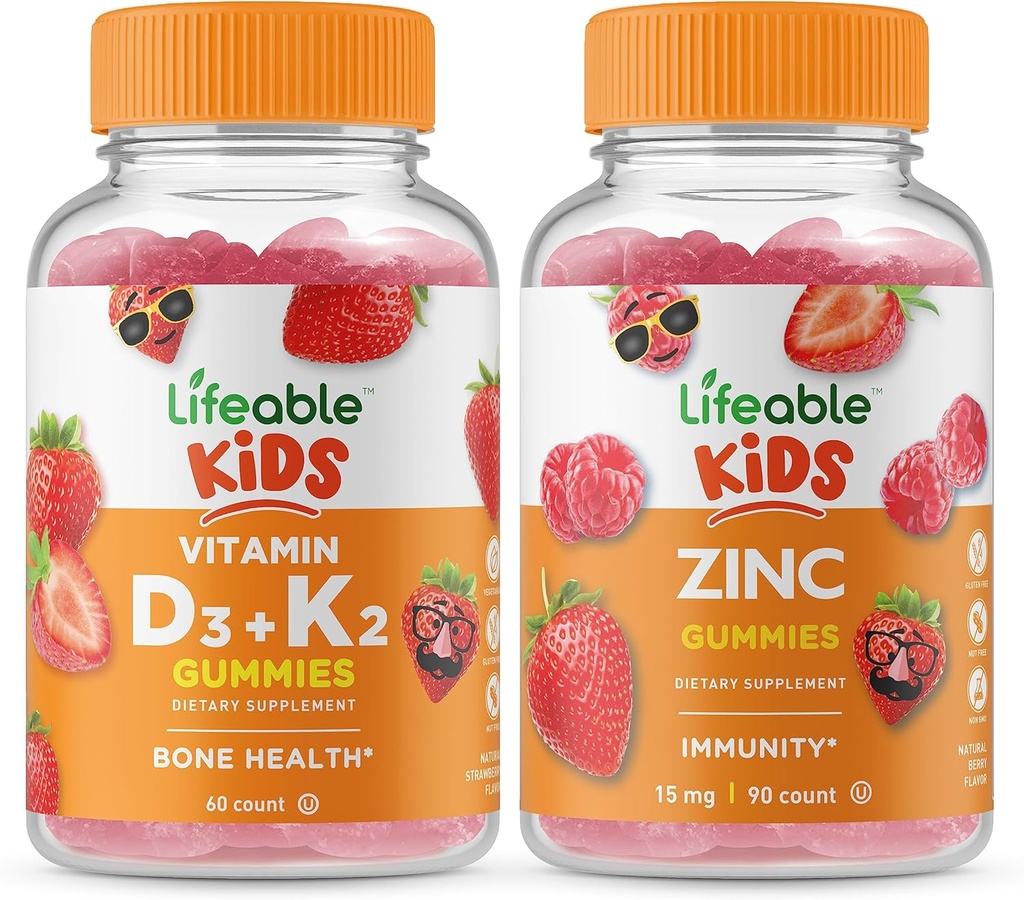 Lebensfähiges Vitamin D3 + Vitamin K2 Kinder + Zink Kinder, Gummis Bundle - Große Verkostung, Vitamin-Ergänzung, Glutenfrei, GMO frei, Kaugummi