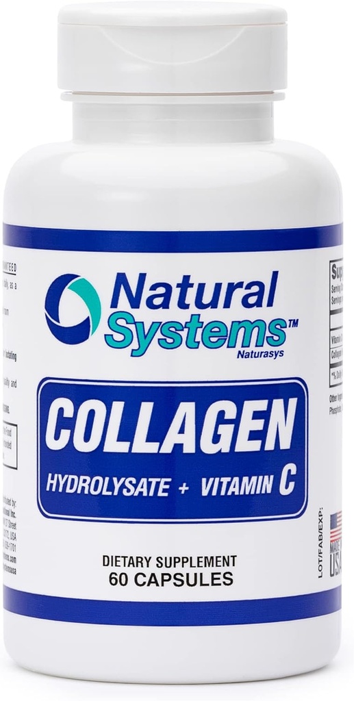 Collagen Plus Vitamina C di Sistemi Naturali 60 capsule - Collagene Idrolisato e vitamina C per capelli vitali e pelle - integratori di collagene Donne e Uomini - Pillole in polvere di peptidi di collagene idrolizzato