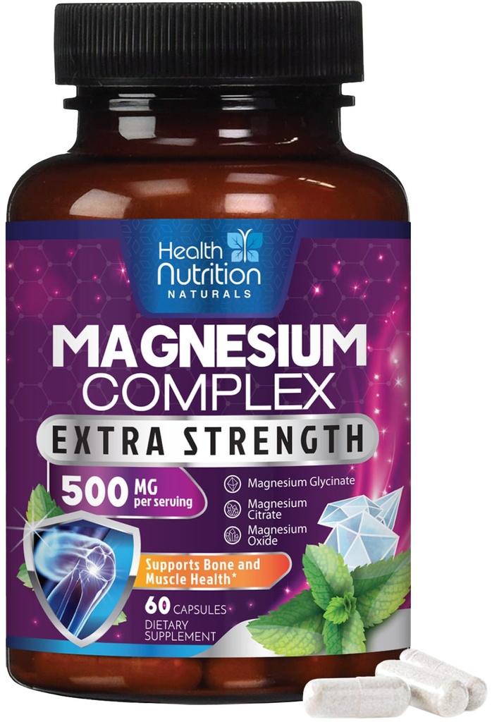 Magnesio Complesso Capsule 500 mg con Ossido, Glycinate, Malate, Citrato - Integratori minerali di Magnesio ad alto assorbimento Complessi di Magnesio - per il supporto muscolare, Bone e Heart Health - 60 Capsule