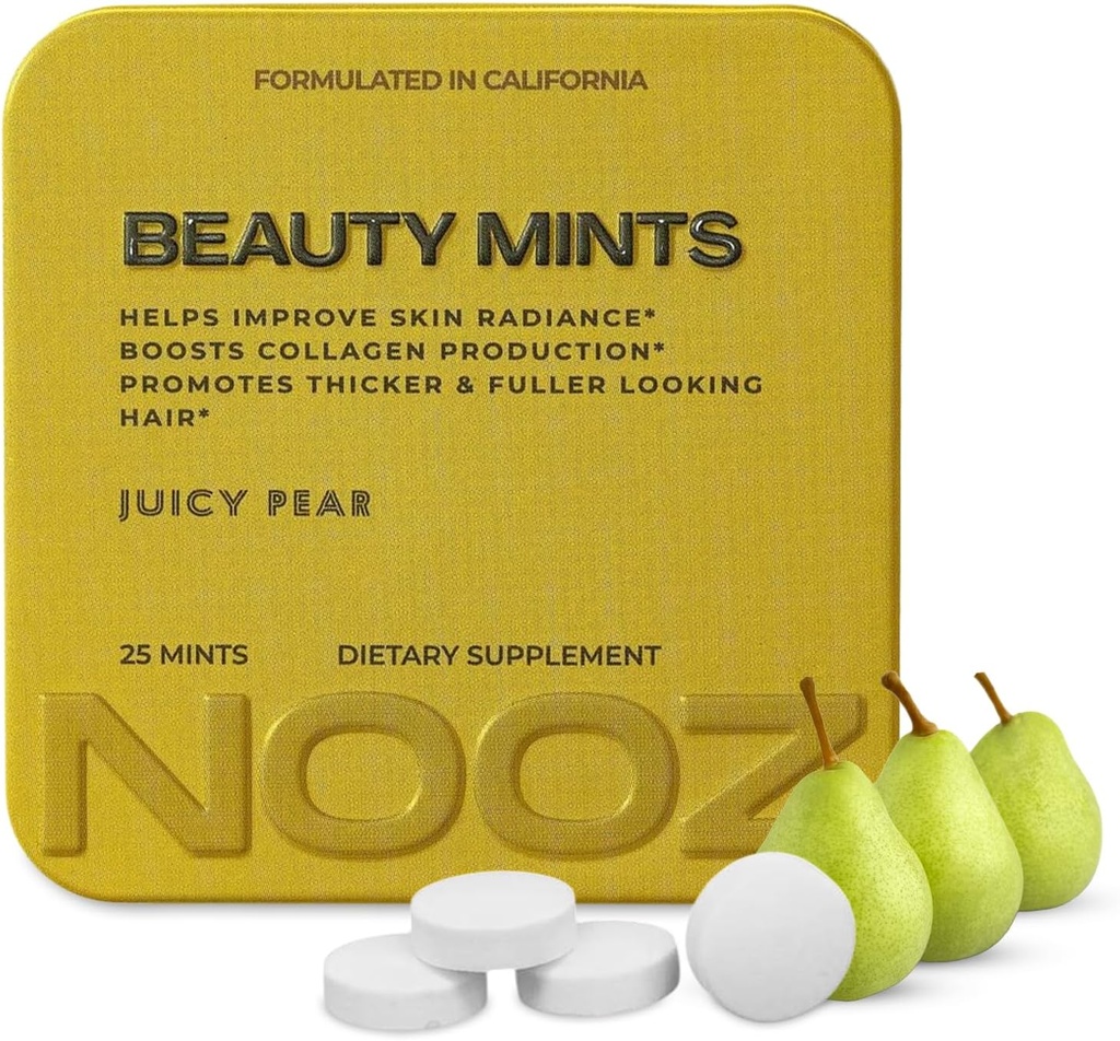 NOOZ Beauty Mints - Sugar-Free Biotin Mint für Glowing Skin, Gesunde Haare & starke Nägel - Juicy Pear Flavor | Travel-Friendly Supplement mit Antioxidantien, Vitamin C, B6 & B12 | Non-GMO, 25 Mints