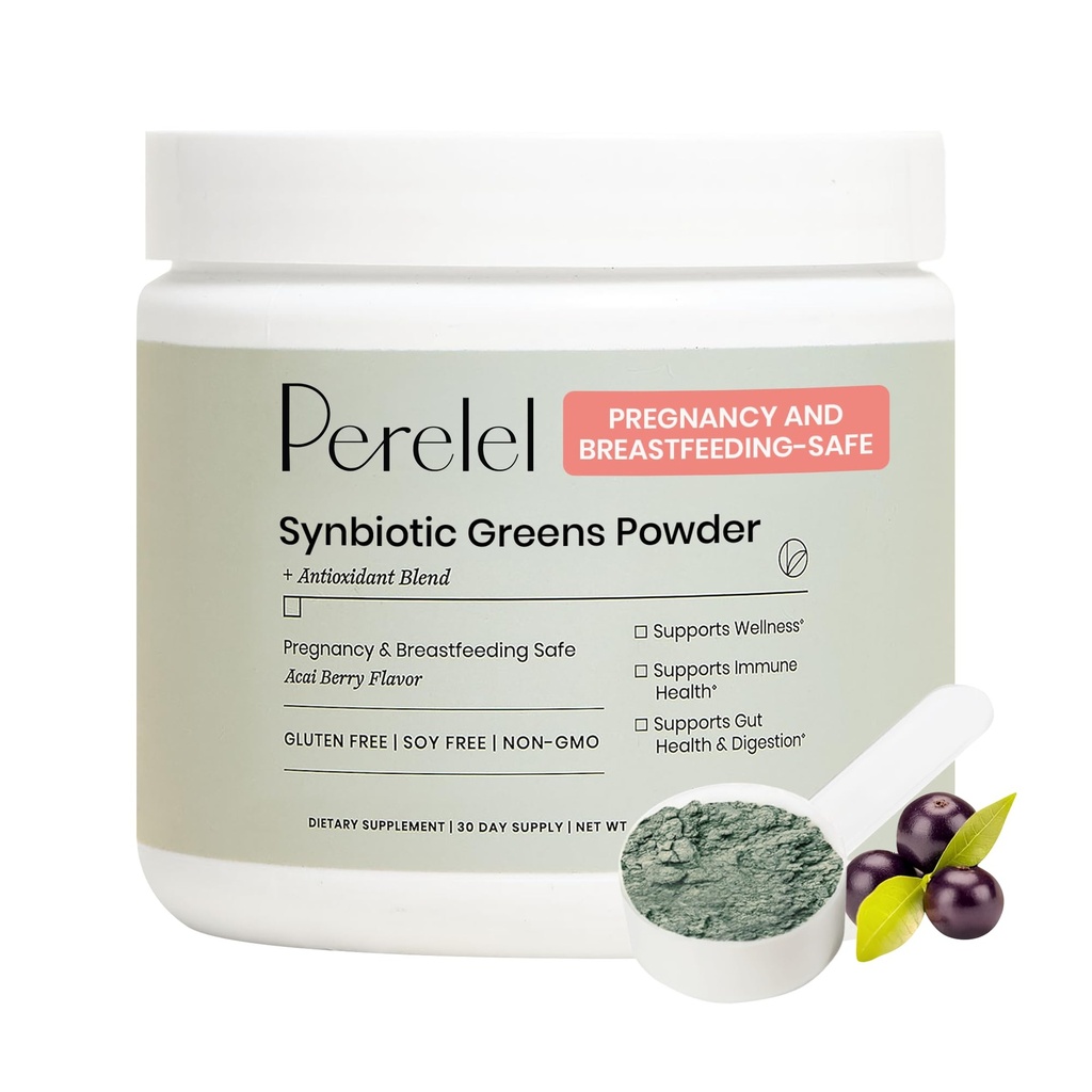 Perelel Synbiotic Greens Powder, Superfood Mischung mit Früchten, Gemüse, Probiotika, Fiber, Spirulina & Chlorella, Tägliche Grüns Supplement, Soja & Glutenfrei, Non GMO, Acai Berry Flavor, 30 Portionen