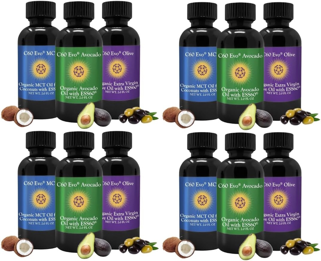 All-Natural Edible Oils, Mini Oil Sampler Set mit Pure C60 ESS60, Immununterstützung und Joint Support Supplement mit Olivenöl, Avocado Oil & MCT Coconut Oil, Set von 12, 2 Oz Jedes