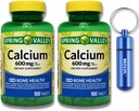Comprimés de supplément alimentaire pour la santé des os de calcium, 600 mg, 100 Nombre (2-Pack) Ensemble avec porte-clés BROS2FL Imperméable boîte à pilules en métal portable (2 articles)