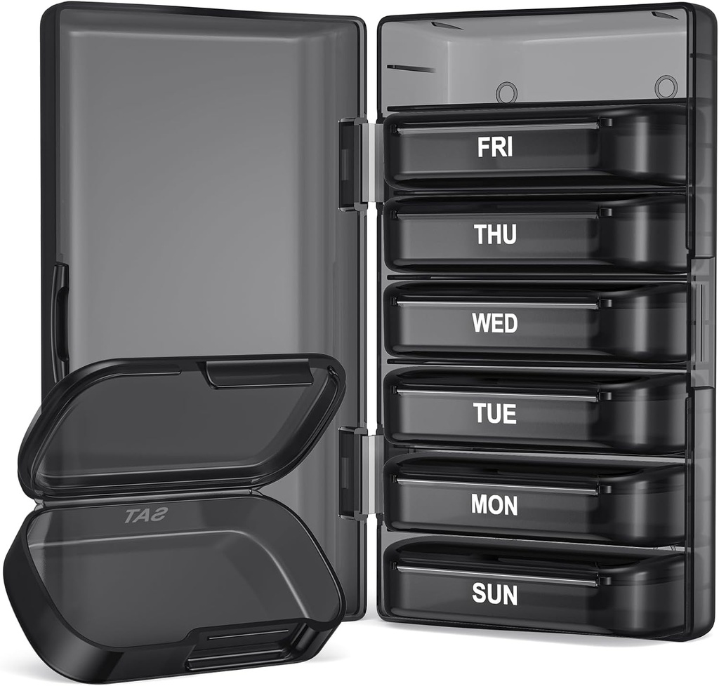 PULIV Wöchentliche Pille Organizer mit großer Kapazität, Dual Protection Pille Box 7 Tage, Arthritis Freundliche Pille Fall leicht zu öffnen, Medizin Organizer für Vitamine, Medikamente, Fischöle, Nahrungsergänzungsmittel (schwarz)