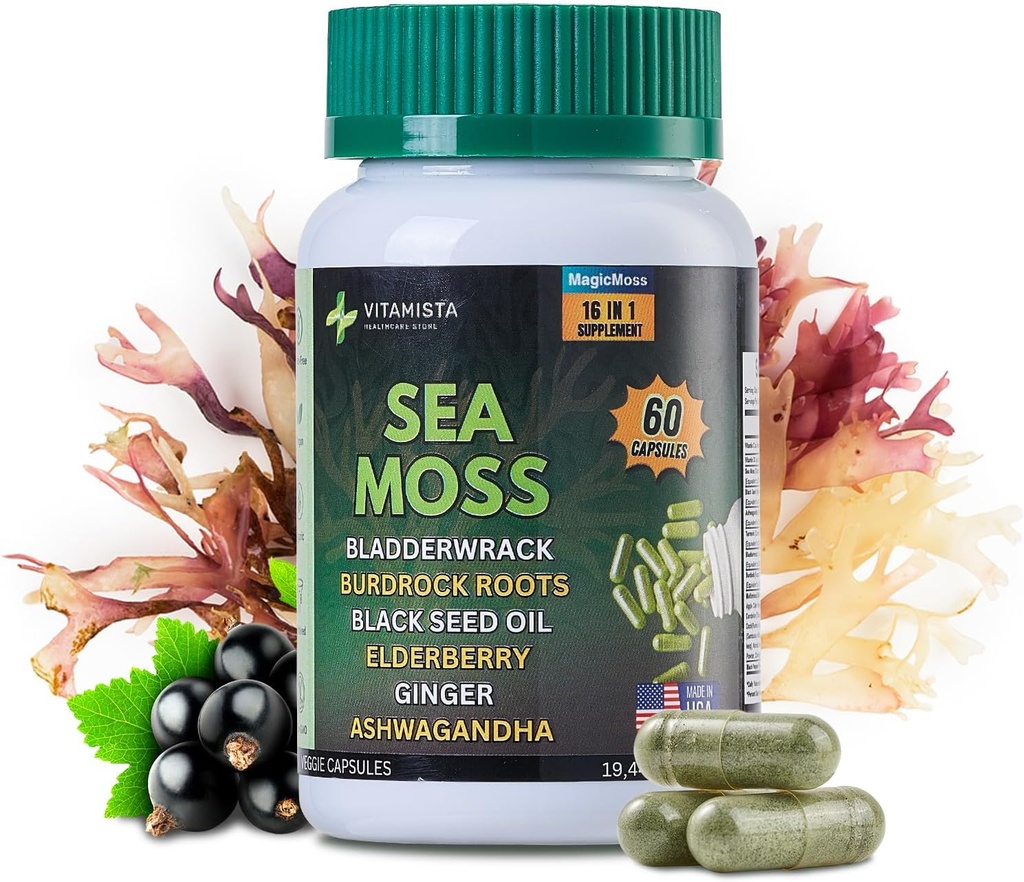Sea Moss Capsules – 16-in-1 Sea Moss Supplement con Bladderwrack, Burdock Root, Black Seed Oil, Ashwagandha – Supporto Immune & Energy Booster – 60 capsule vegane (19445mg)