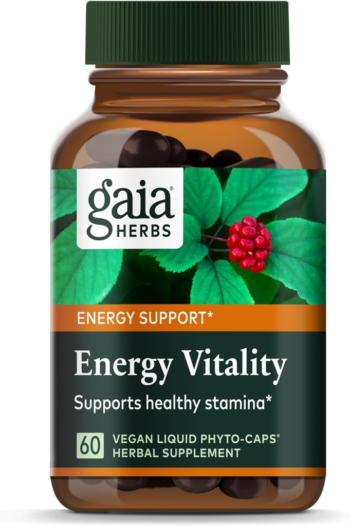 Gaia Herbs Energy Vitality - Supplément de soutien à l'énergie pour maintenir des niveaux d'énergie et de stress sains - avec Ginkgo, Ginseng, Green Tea et Nettle* - 60 phytocapsules liquides végétaliens (20 jours)