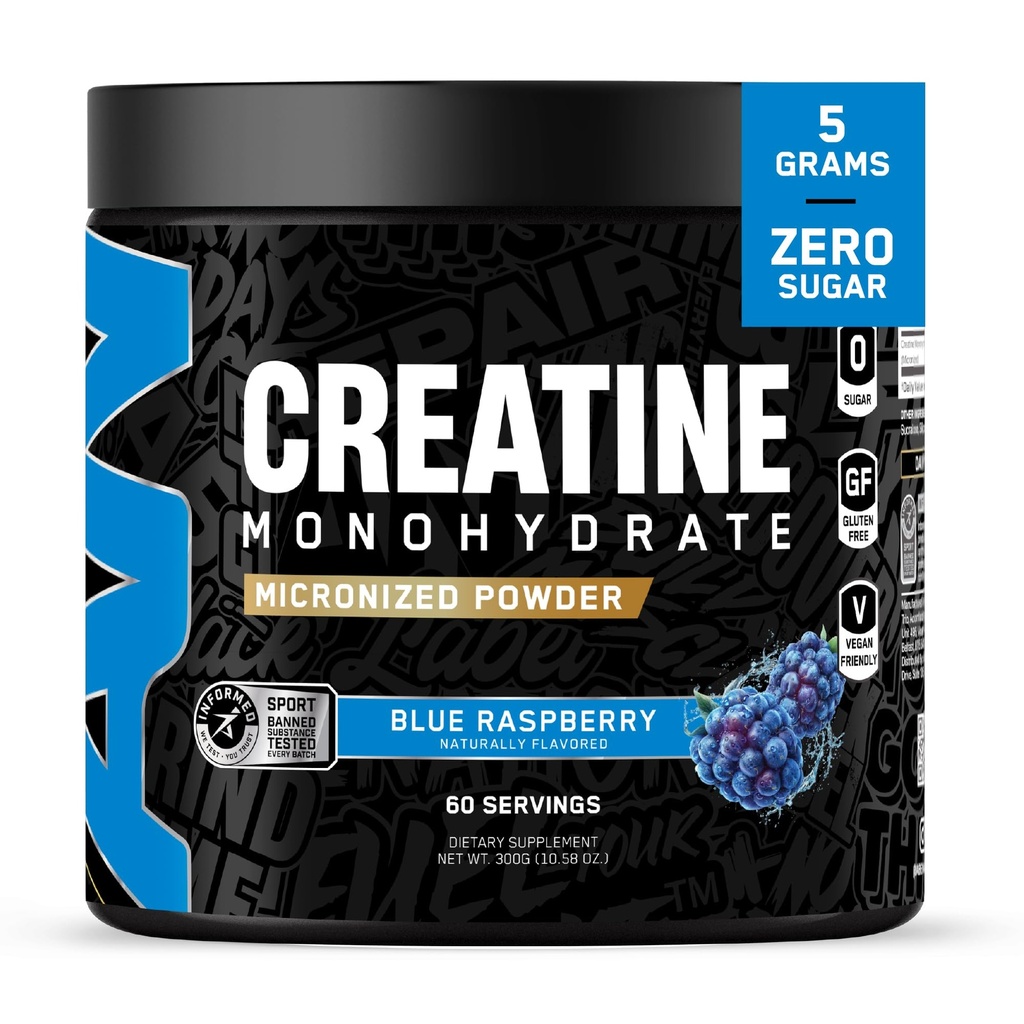 Alles Schwarz Alles Kreatin Monhydrate | 60 Servierungen | Blue Razz | Micronized Amino Acid Powder | Unterstützt Muskeln | Cellular Energy | Kognitive Funktion | Glutenfrei und Keto Friendly