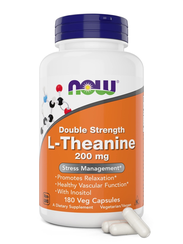 NOW Foods L-teanina, doppia resistenza 200 mg Per Cap - 180 capsule di veg - potenziato con 100 mg di inositolo - vegetariano, non OGM - Ltheanine 200mg supplemento
