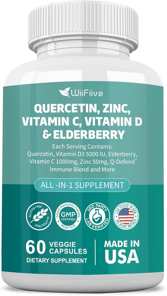 60 Count Quercetin 50 mg Zinc 1000 mg Vitamine C 5000 UI Vitamine D3 1000 mg Turmère 1000 mg Elderberry with Q-Defend Immune Blend Reisshi Nettle Arteemisinin, Non-OGM, Soutiens gratuits Santé
