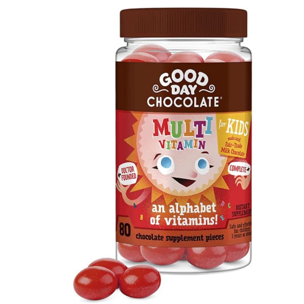 Buona giornata Cioccolato Multivitamina completa per bambini, Supplemento giornaliero di vitamine A, B6, B12, C, D, E, Folate e Biotin, 2g di zucchero, commercio equo e non OGM Cioccolato, 80 pezzi