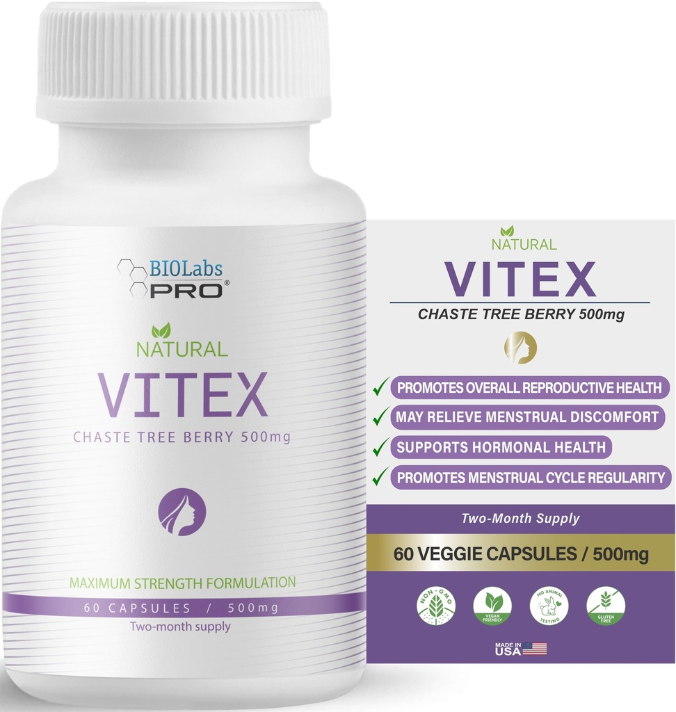 BIOLABS PRO Natural Vitex Chasteberry Supplemento per le donne - Pure Chaste Tree Berry Extract 500mg, Maximum Strength Formulation, Vegan Capsules, Supports Hormonal Balance - (60 Caps - 2-Month Supply)