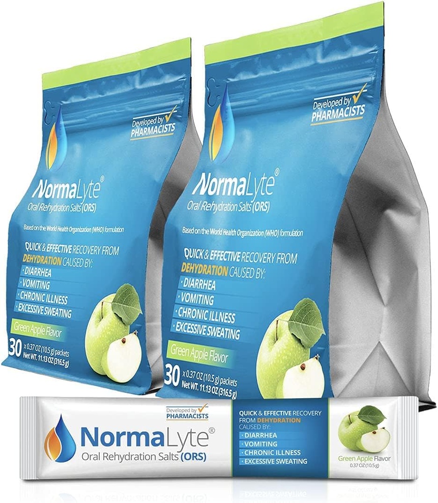 NormaLyte Oral Rehydration Salts-2 Pouches - 60 Sticks (Yields 500mL per Pack)-Apple| Integratori energetici, Supplemento di potassio, Recupero di disidratazione e assorbimento rapido