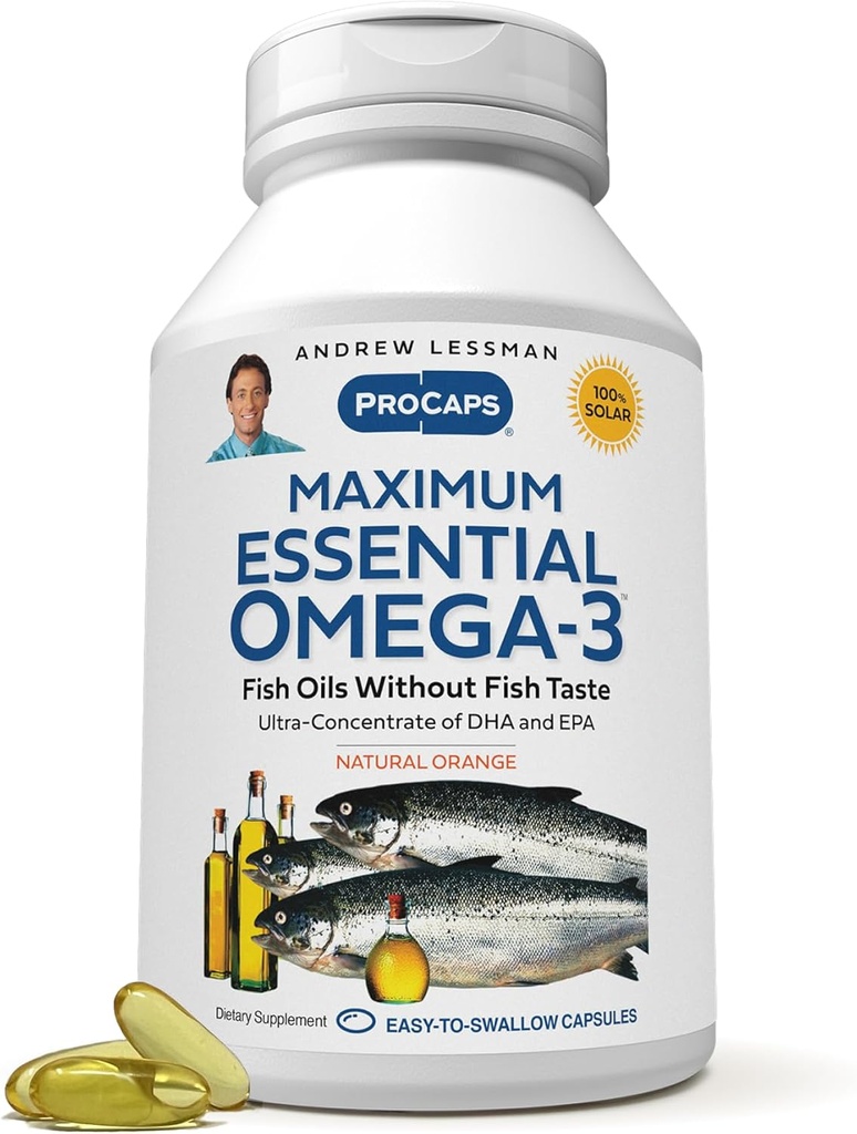 ANDREW LESSMAN Massimo Essenziale Omega-3 Arancione - 360 Softgels - Ultra-Pure, Olio Omega-3 ad alta potenza. Alte DHA, No Stomach Upset, No Contaminants, No Mercury. Piccolo Facile da ingoiare Softgels