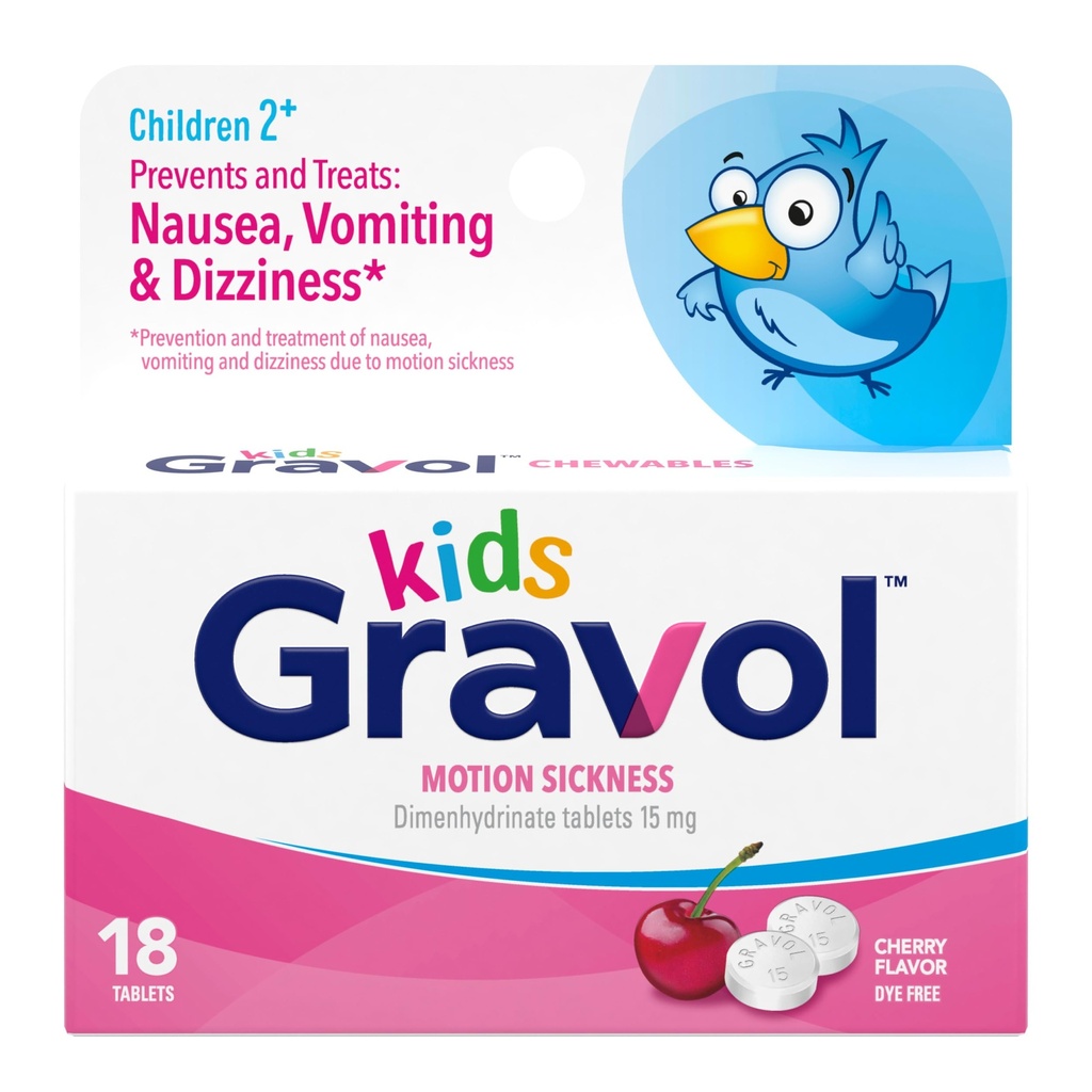 Gravol Kids Chewable Tablets für Übelkeit, Upset Stomach and Motion Sickness Relief, Dye Free, Cherry Flavor, Alter 2 bis 12, 18ct