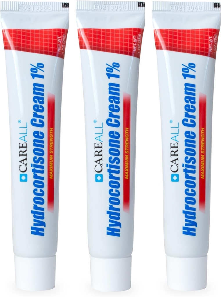 CareAll Hydrocortisone 1%, 1oz Tube (Pack of 3), Massima resistenza Anti-Itch Cream, Rilievo da prurito e rossore da Bug Bites, Eczema, Psoriasis, Poison Ivy, Rovere e Sumac