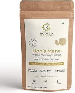 ROOTED Active's Lions Mane Mushroom Extract Powder USDA Organic, 38% Verified Beta Glucans| Cognition, Clarity, Focus & Mood, Brain Health Support (4.23 Unze)