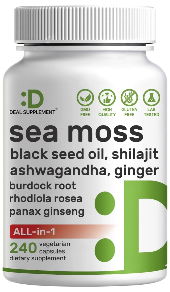 SUPPLEMENTO SUPPLEMENTARE L'Irish Sea Moss 7000mg Per Serving, 240 capsule di verdure – 14 Superfood Complex – 3000mg Black Seed Oil, 2000mg Ashwagandha, 600mg Ginger