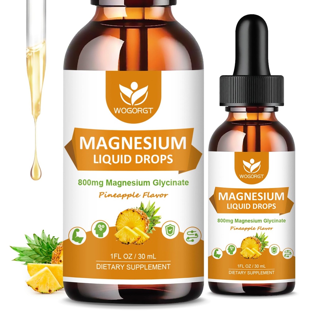 Magnesio Glycinate Gocce Liquide con Citrato & Taurate - Cognizione, Muscolo e Focus, Liquid Magnesium Complex Supplement con Vitamina D3, GABA, L-teanina, Ananas Flavor - 1 Fl Oz (2 Confezione)