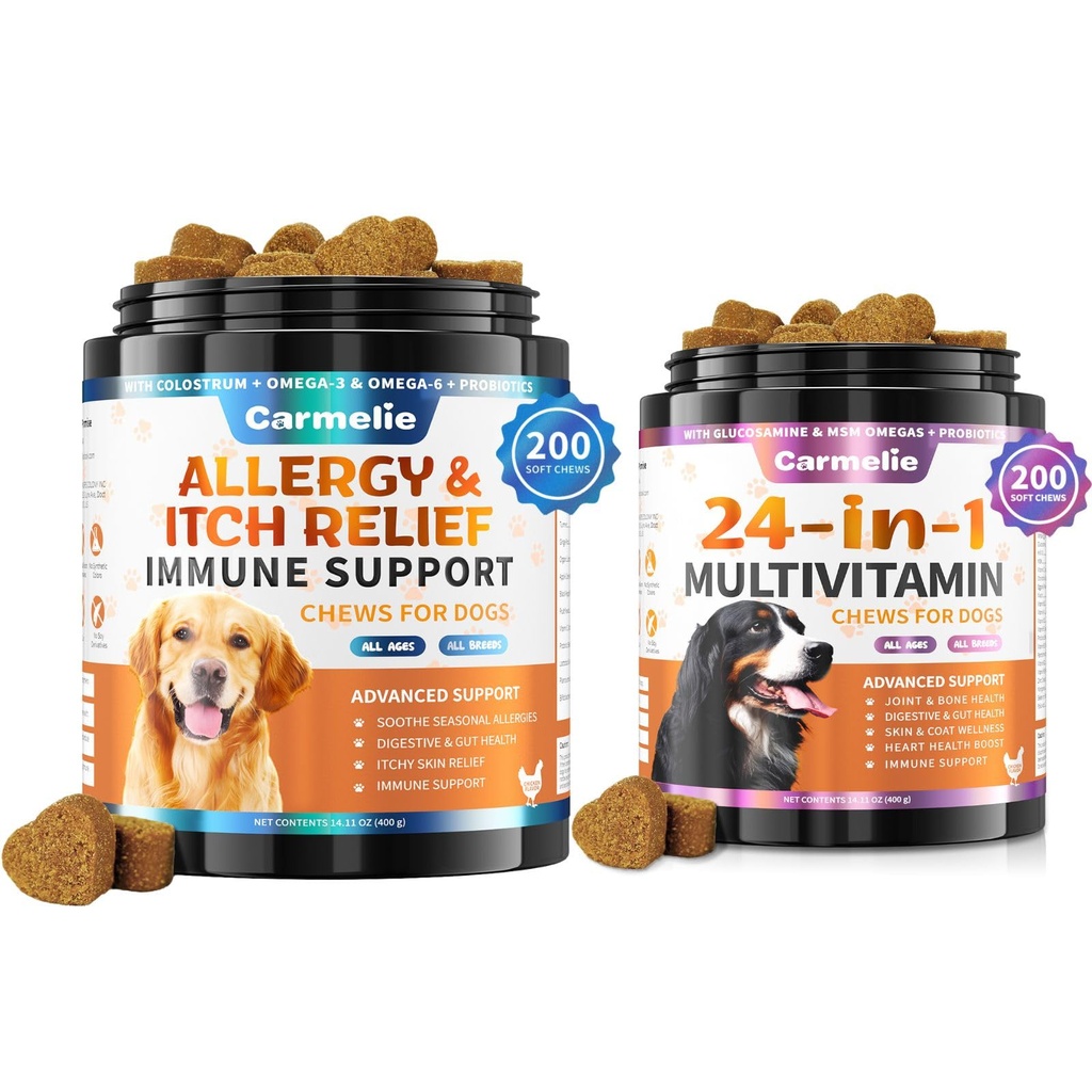 Dog Allergy Chews + Carmelie 24 in 1 Hund Multivitamin Chewable - 400 Treats - Saisonale Allergy Relief + Hunde Vitamine für Hip & Joint, Haut & Coat, Immungesundheit (Hähnchen Flavor)