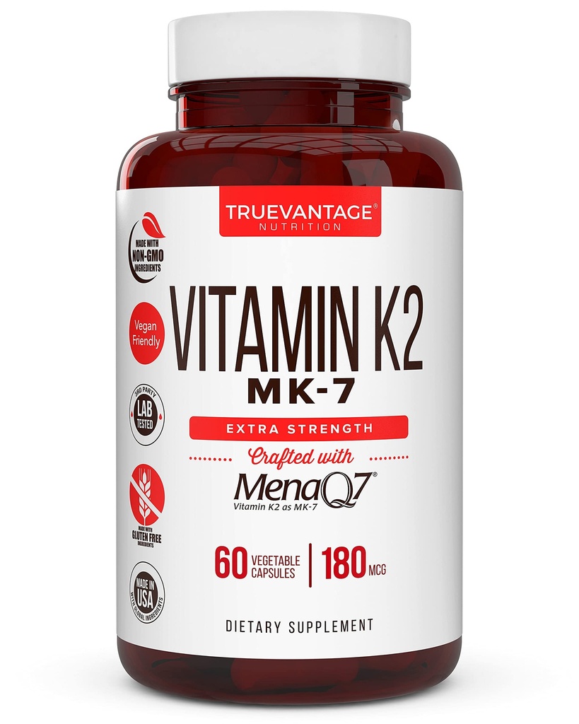 Vitamin k2 MK-7 Supplement 180mcg -Vitamin K2 unterstützt Knochen- & Herz-Gesundheit für Herz-Kreislauf-Calcium-Absorption von Arterien- 60 Einfach zu schlucken Gemüsekappen von MenaQ7 K2 MK7