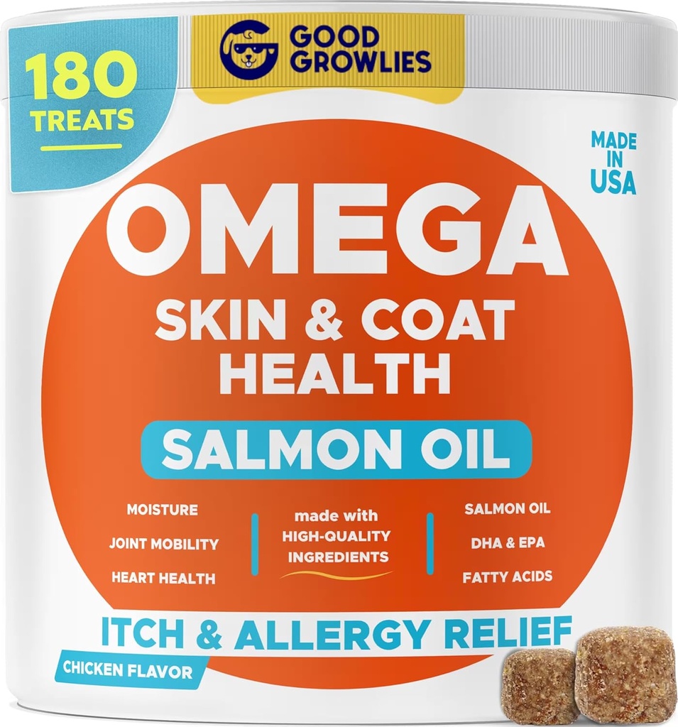 Omega 3 Alaskan Fish Oil Treats für Hunde (180 Ct) - Dry&Itchy Skin + Allergy - Shiny Coats - EPA&DHA Fettsäuren - Natürliche Lachsölkäse - Huhn Türkei