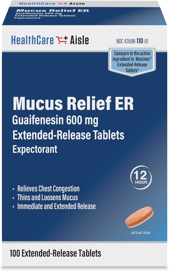 HealthCareAisle Guaifenesin 600 mg Libération prolongée - 100 comprimés - Expectorant de soulagement du mucus pour le soulagement de la congestion thoracique