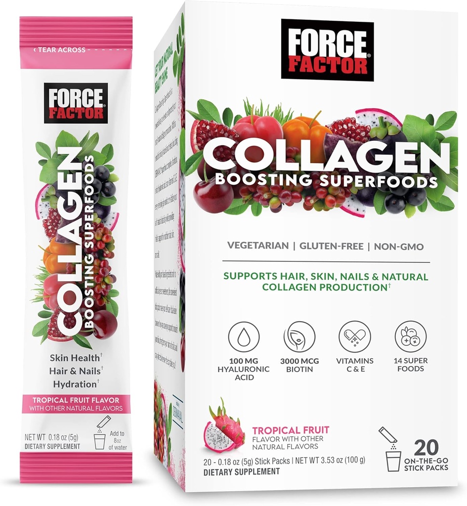 Kraftfaktor Collagen Boosting Superfoods mit Biotin, Hyaluronsäure, Bambus und Haar, Haut und Nails Vitamine, Nail Strengthener und Hautergänzung, Tropical Fruit Flavor, 20 Stick Packs