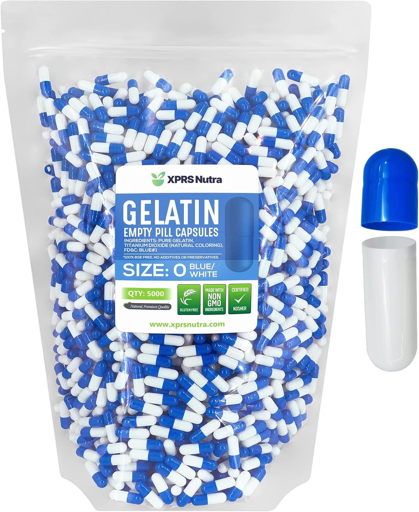 XPRS Nutra Größe 0 Leere Kapseln - 5000 Graf Leere Gelatine Kapseln - Pillen DIY Kapsel Füllung - Pure Bovine Pill Gel Kapseln für Do-It-Yourself Ergänzungen (blau/weiß)