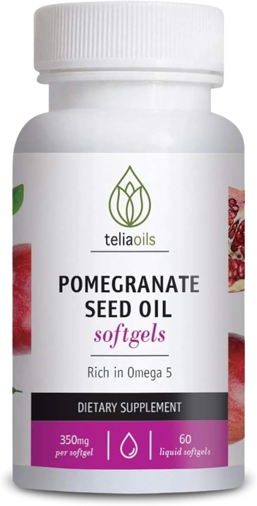 Supplément de grenade Teliaoils avec huile de lin – 60 softgels liquides – huile de grenade pressée à froid pour antioxydants et soutien de la peau – Oméga 5 et polyphénols pour hommes et femmes
