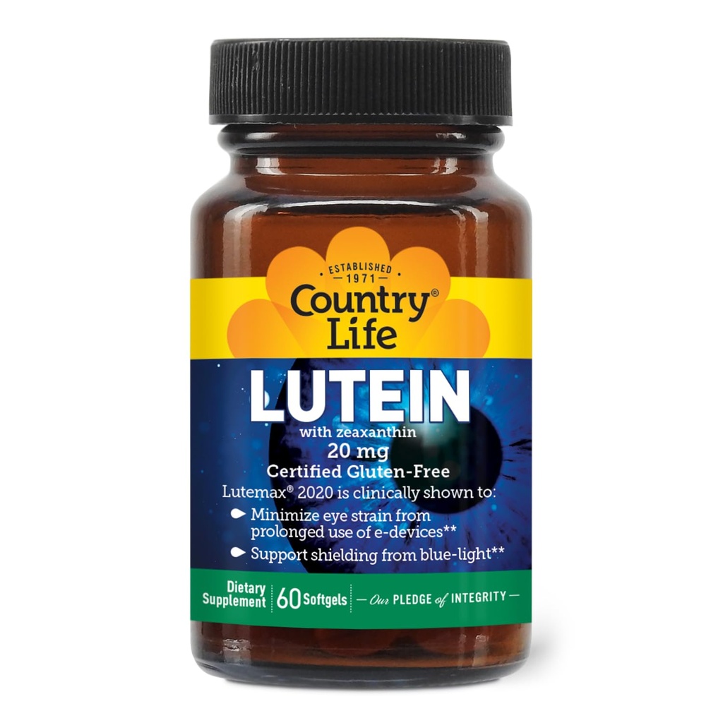 Life Life Lutein 20 mg Supplemento - Certificato Gluten-Free - Supporto per la salute degli occhi con Lutein e Zeaxanthin - Riduce lo Strain degli occhi dagli schermi - No Yeast, Corn, Wheat, Milk - 60 Softgels