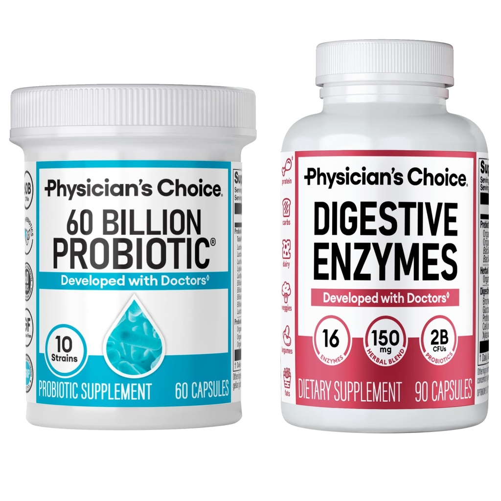 Physician's CHOICE - Optimal Gut Health Bundle: 60 Billion Probiotic 60ct + Verdauungsenzyme 90ct für Verdauungskomfort und Immununterstützung