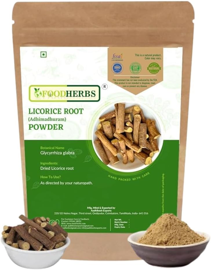 Adhimadhura.m Poudre de Mulethi= 200g de racine de réglisse pure aide à la gorge de la toux, du froid et des plaies aide à éclaircir le tonus de peau aide avec les infections scalp