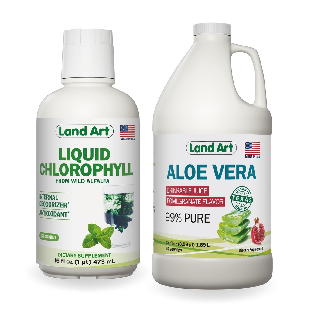 Art terrestre Jus d'Aloe Vera - Aromatisé à la grenade - Procédé à froid - Filet intérieur de feuilles fraîches organiques - 64floz + Aromatisé à la menthe de chlorophylle liquide - Extrait à froid de l'Alfalfa sauvage non-OGM - 16floz