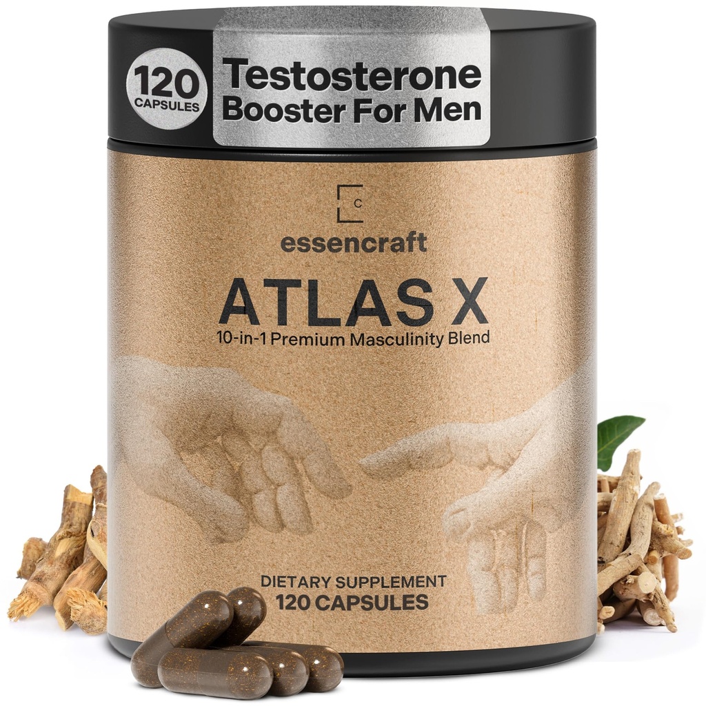 ATLAS X 10-in-1 Mascolinità Maximiser Supplemento per gli uomini - Energy, Strength & Vitality Capsule con Shilajit, Ashwagandha, Zinc, Safed Musli, Tongkat Ali, Black Maca, Fadogia Agrestis, 2 mesi di fornitura