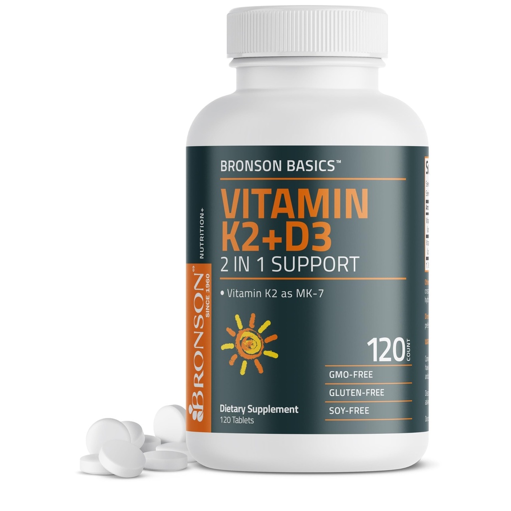 Bronson Vitamine K2 D3 (MK7) Supplément Formule non-OGM Vitamine D3 5000IU (125 mcg) et 90 mcg K2 MK-7, Complexe D & K facile à avaler, 120 comprimés