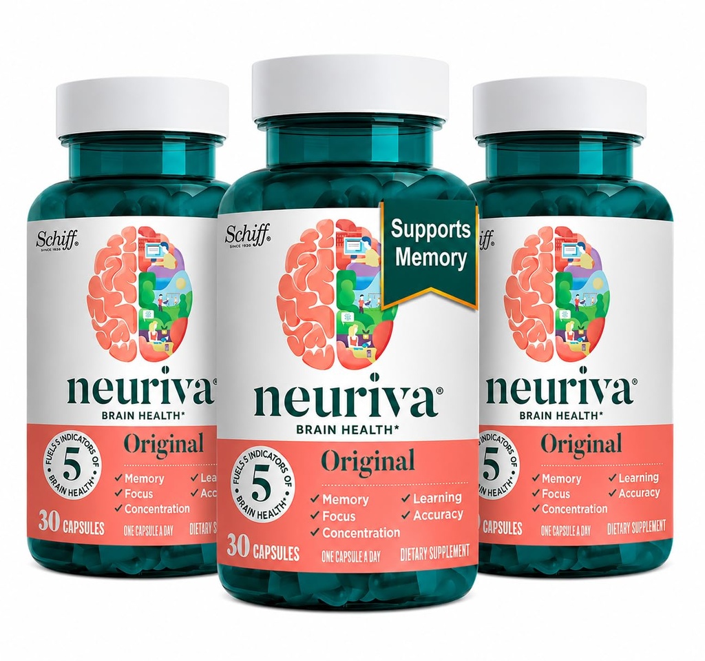 NEURIVA Original Brain Supplement für Speicher, Fokus & Konzentration + Lernen & Genauigkeit mit klinisch getesteten Nootropics Phosphatidylserine und Neurofactor, Koffeinfrei, 30 Kapseln (3 Pack)