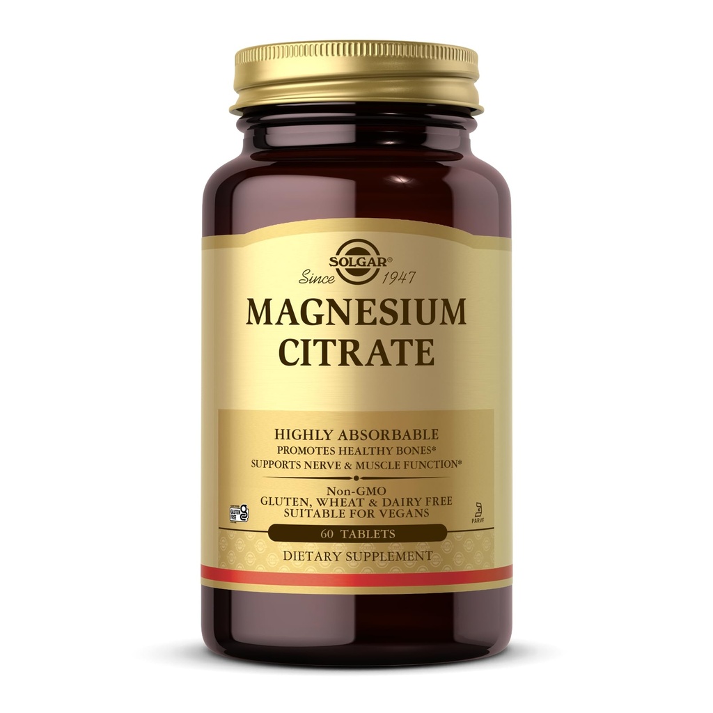 Solgar Magnesium Citrato - 60 compresse - Promuove le ossa sane, Supporta la funzione Nerve & Muscolo - Altamente assorbibile - Non OGM, Vegan, Gluten Free, Kosher - 30 Serve