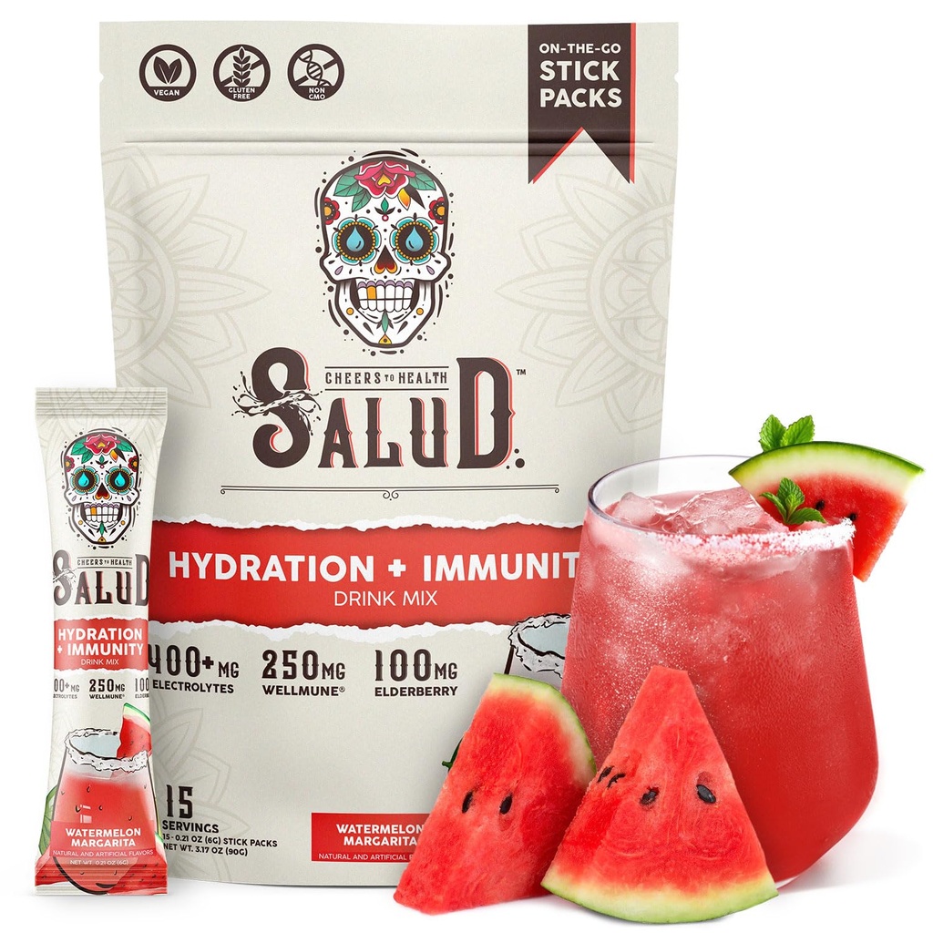 Salud 2-in-1 Hydration und Immunität Elektrolyte Pulver, Watermelon Margarita - 15 Servierungen, Agua Fresca Drink Mix, Elderberry, Dairy & Soy Free, Non-GMO, Glutenfrei, Vegan, Low Calorie, 1G Zucker
