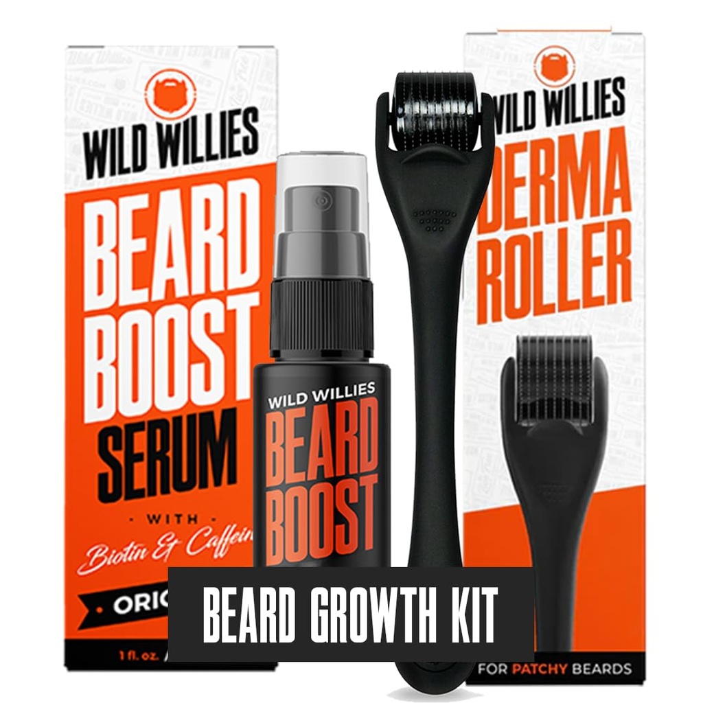 Wild Willies Beard Growth Kit - Premium Derma Roller & Beard Boost Serum - Microneedle Roller & Beard Siero di crescita dei capelli con Biotin & Caffeina per Cuscinetto Fuller, Scalp Care - Facile da usare Kit con Caso