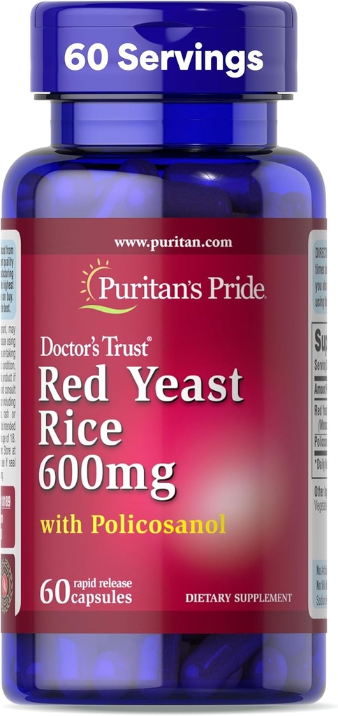 Puritans Pride Doctors Trust® Red Yeast Rice 60mg with Policosanol, Dietary Supplement, 60 Rapid Release Capsules