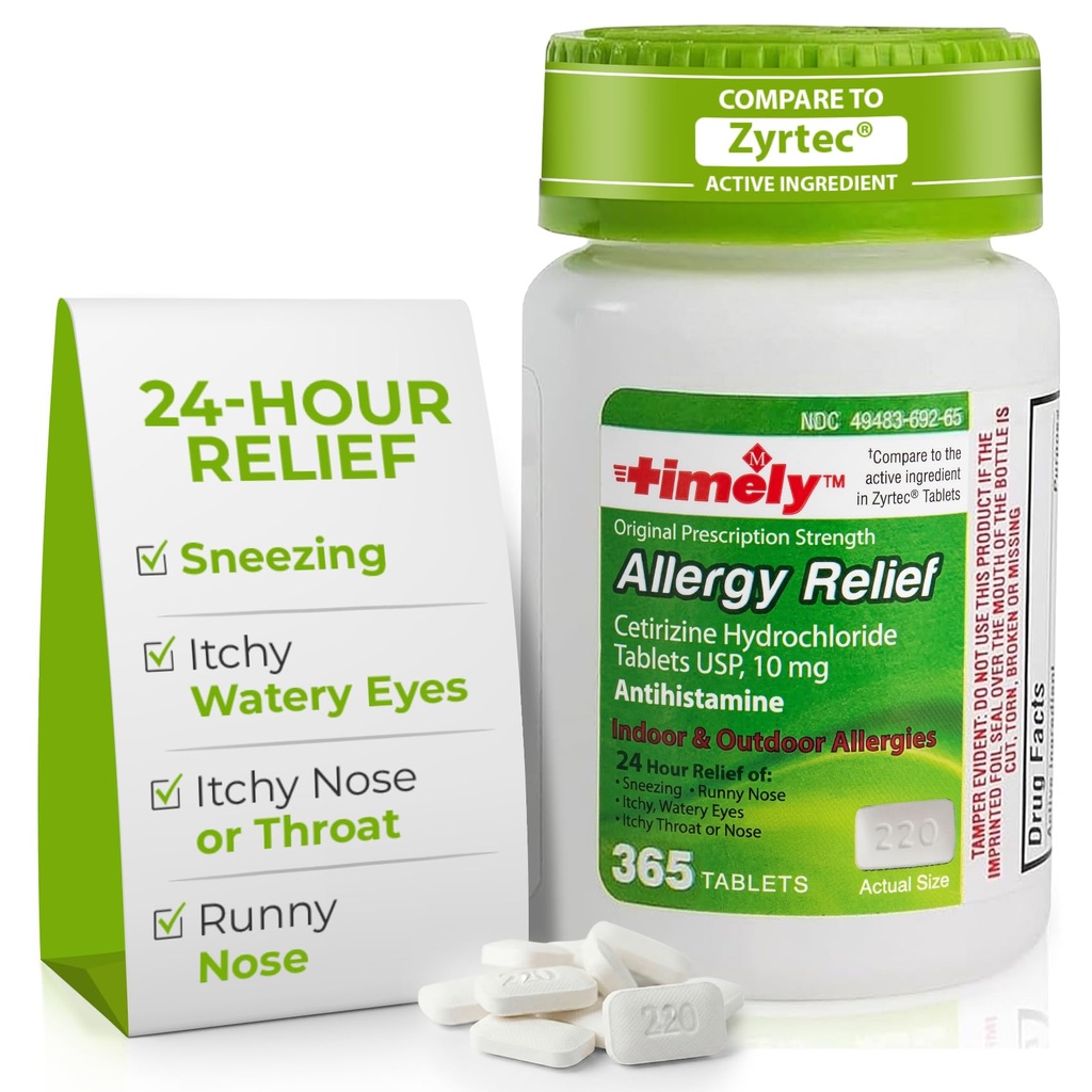 LABS TEMPORAIRE, INC. Timely Cétirizine HCl 10 Mg 365 Comprimés - 24 heures de soulagement de l'allergie de l'éternuement, du nez de runny, des yeux d'eau démangeaisons, de la gorge de démangeaison ou du nez