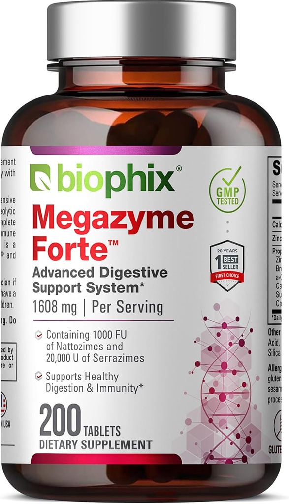 biophix Megazyme Forte 200 Tabletten - Natürliche Pflanze Proteolytische Enzyme Nattozimes Serrazimes unterstützt Verdauungssystem Immungesundheit