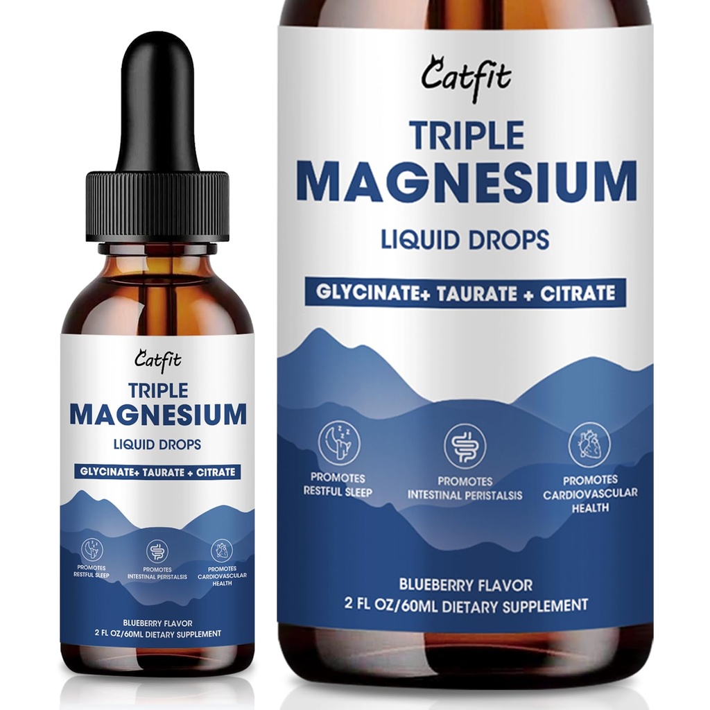 Magnesio Glycinate Gocce liquide con Taurate & Citrate, Magnesio Supplemento per il sonno, Calma & Relax, con Potassium & Omega-3, Formula ad alto assorbimento, Aroma di mirtillo, 2 Fl Oz