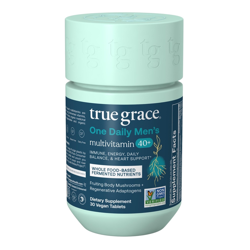 True Grace Uomo 40+ One Daily Multivitamin Fermented Minerals, Organic Adaptogens & Mushrooms Whole Body Balance Immune, Endurance, Bone & Heart Support Supplement - Non-GMO - 30 Vegan Tablets