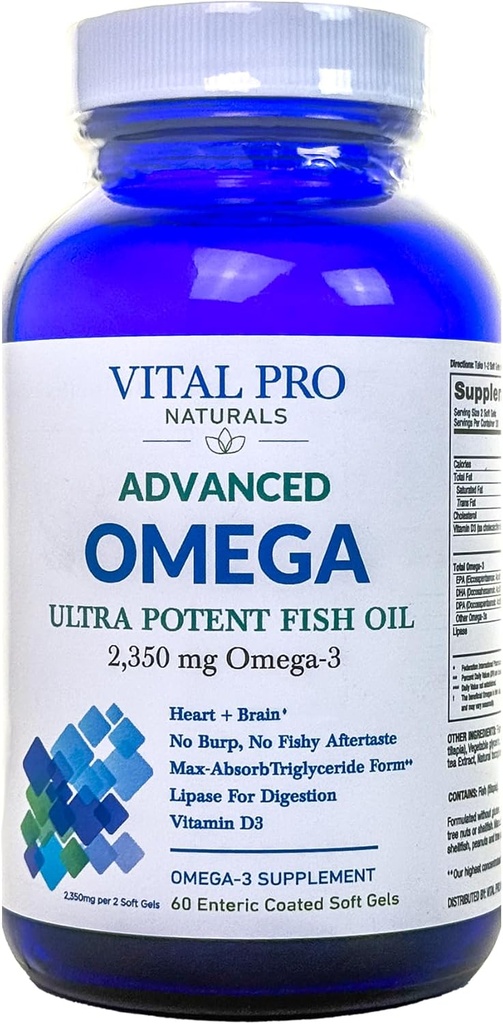 Vital Pro Naturals - Fortgeschrittenes Omega Wild Caught Norwegisches Fischöl mit 2350 mg High Potency Omega 3 Fatty Acid Supplements EPA DHA und DPA für Gehirn und Herz 60 Softgels (Packaging May Vary)