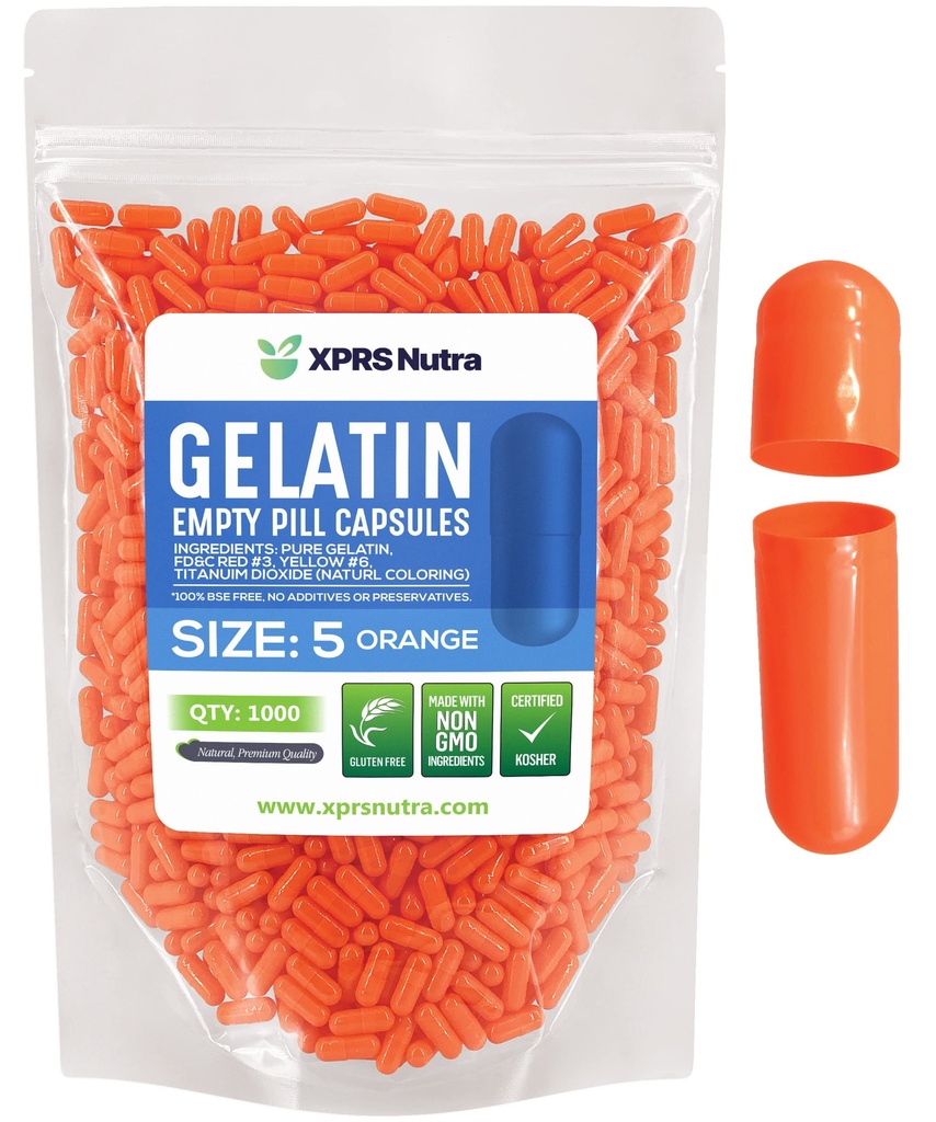 XPRS Nutra Taille 5 Capsules vides - 1000 Compter les capsules de gélatine vides très petites - Pills Bricolage Capsule Remplissage - Gel de pilules rechargeables pour Do-It-Youlf Vitamine Suppléments (Orange)