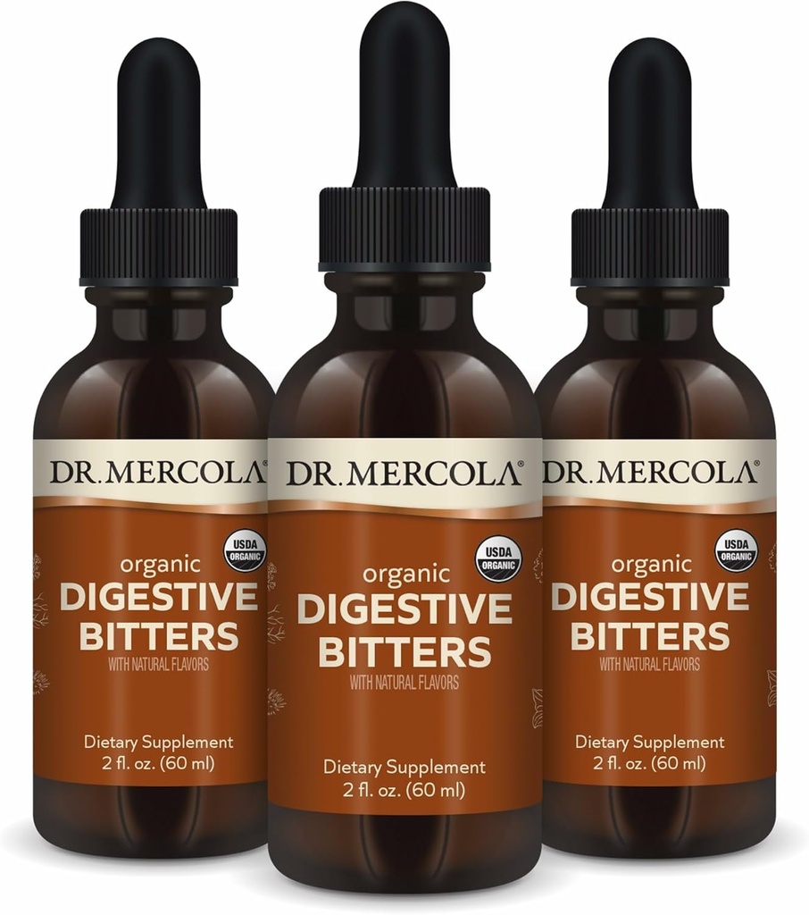 Dr. Mercola Organic Digestive Bitters Liquid Drops - Digestive Health Support - Formula Alcol-Free - Caratteristiche Burdock Root, Dandelion Leaf, Fennel Seed & More - 2 fl. oz. (30 Serve), 3 Pack