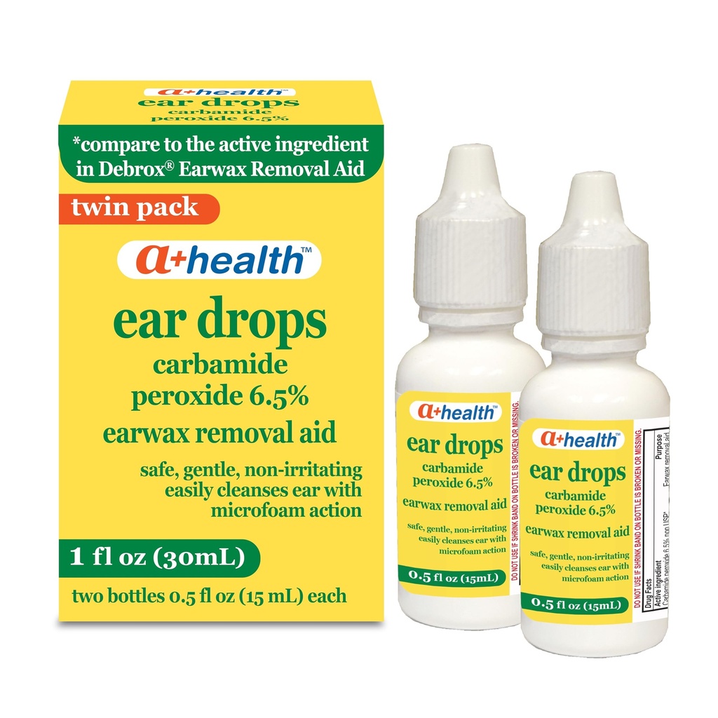 A+Soins d'élimination de la cire d'oreille, Peroxyde de carbure 6,5%, Fabriqué aux États-Unis, Twin Pack, 1 fl Ounce (deux bouteilles de 0,5 fl oz)