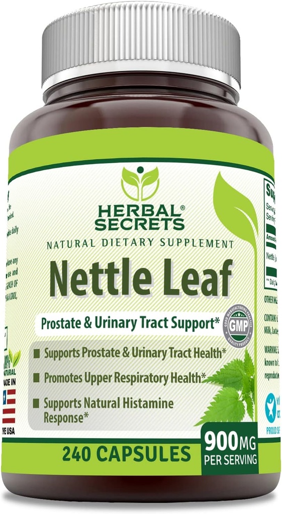 Herbal Secrets Nettle Leaf 900 Mg Par Serving 240 Capsules Supplément - Soutient le traîtage urinaire et la prostate - Soutient la santé respiratoire supérieure